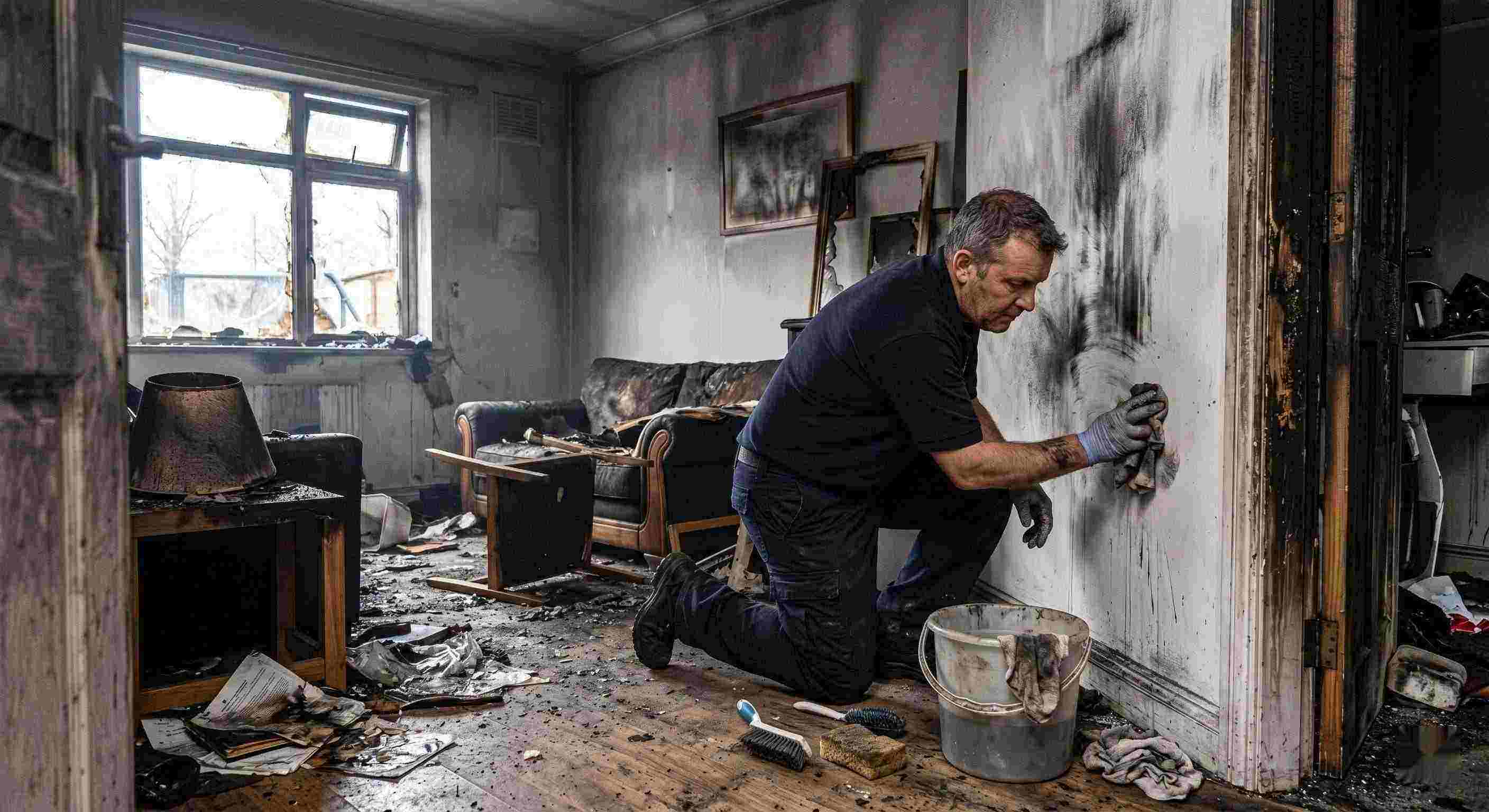Professional technician performing soot removal in a fire-damaged home in Pompano Beach, restoring smoke-damaged walls and surfaces.