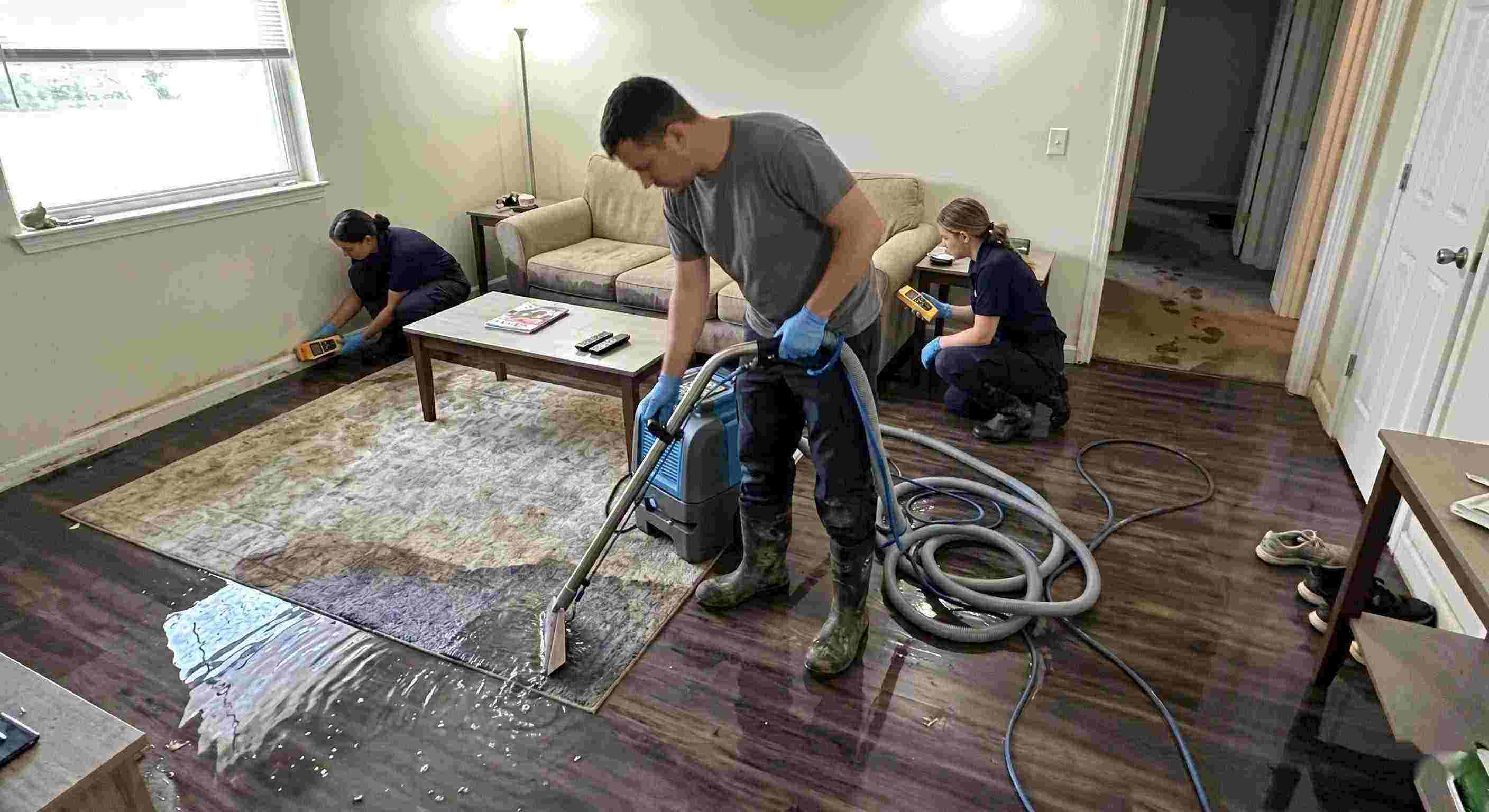 Professional standing water extraction service removing pooled water inside a home in Boca Raton