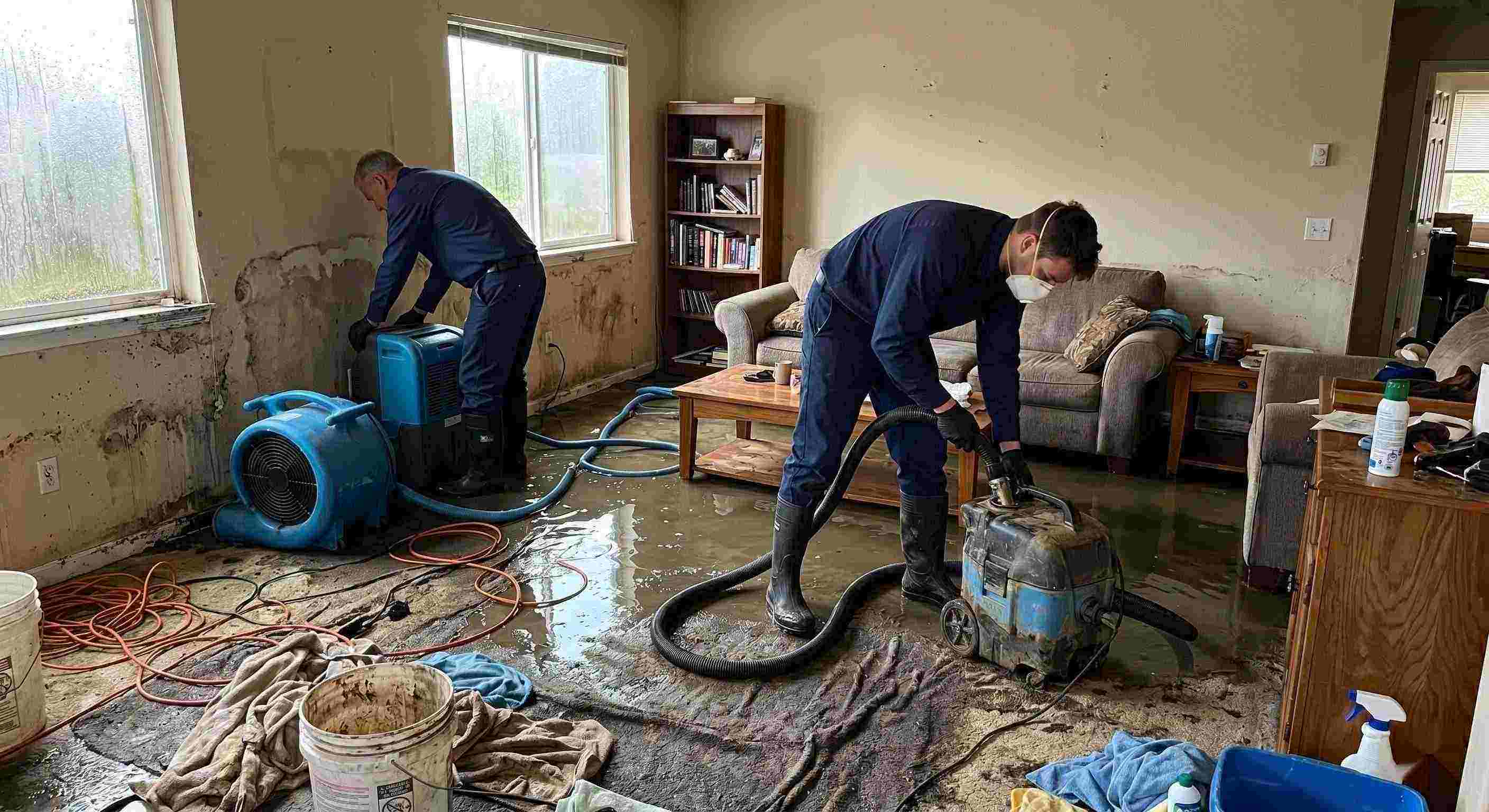 Professional storm water damage cleanup in a residential home showing technicians removing standing water and setting up drying equipment in Miramar.