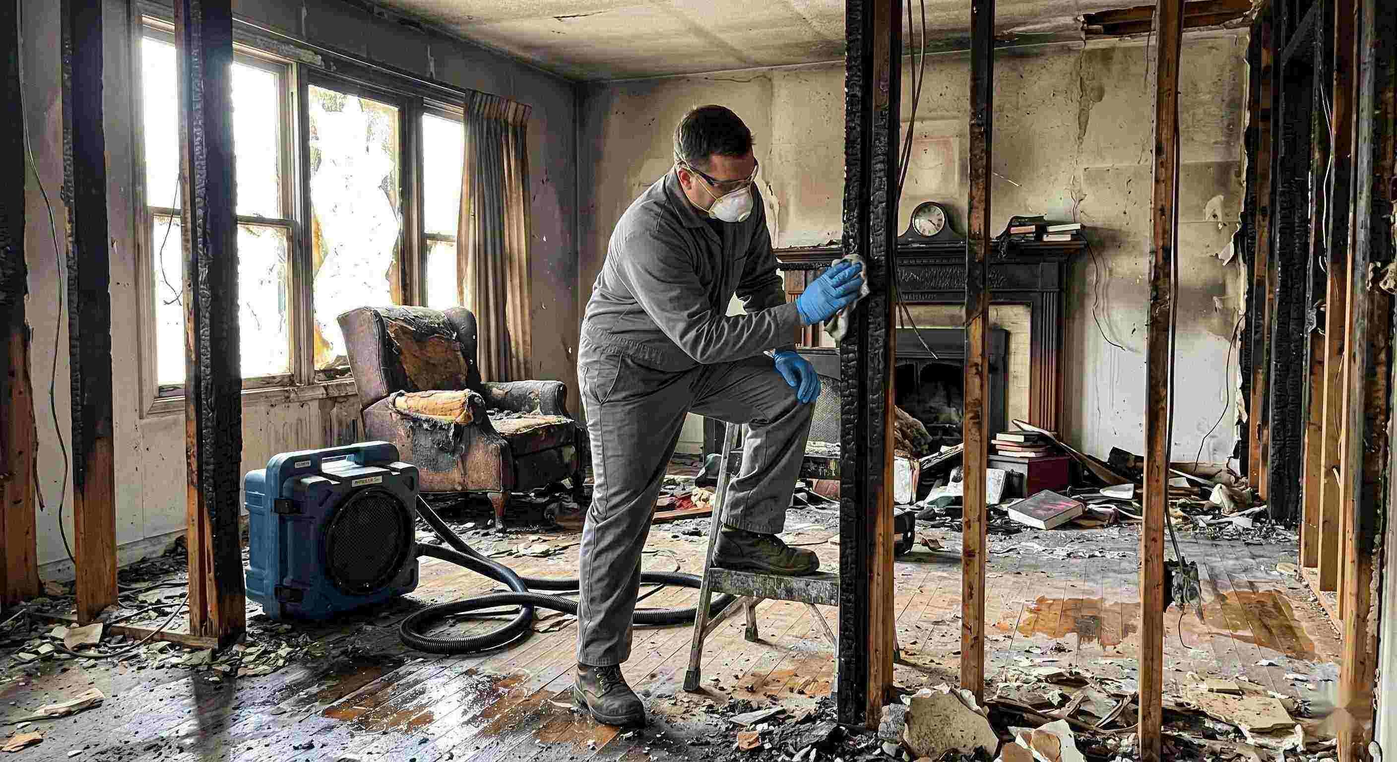Reliable fire damage structural cleaning after a residential fire in Pompano Beach showing soot-covered beams, charred walls, and a technician restoring the home.