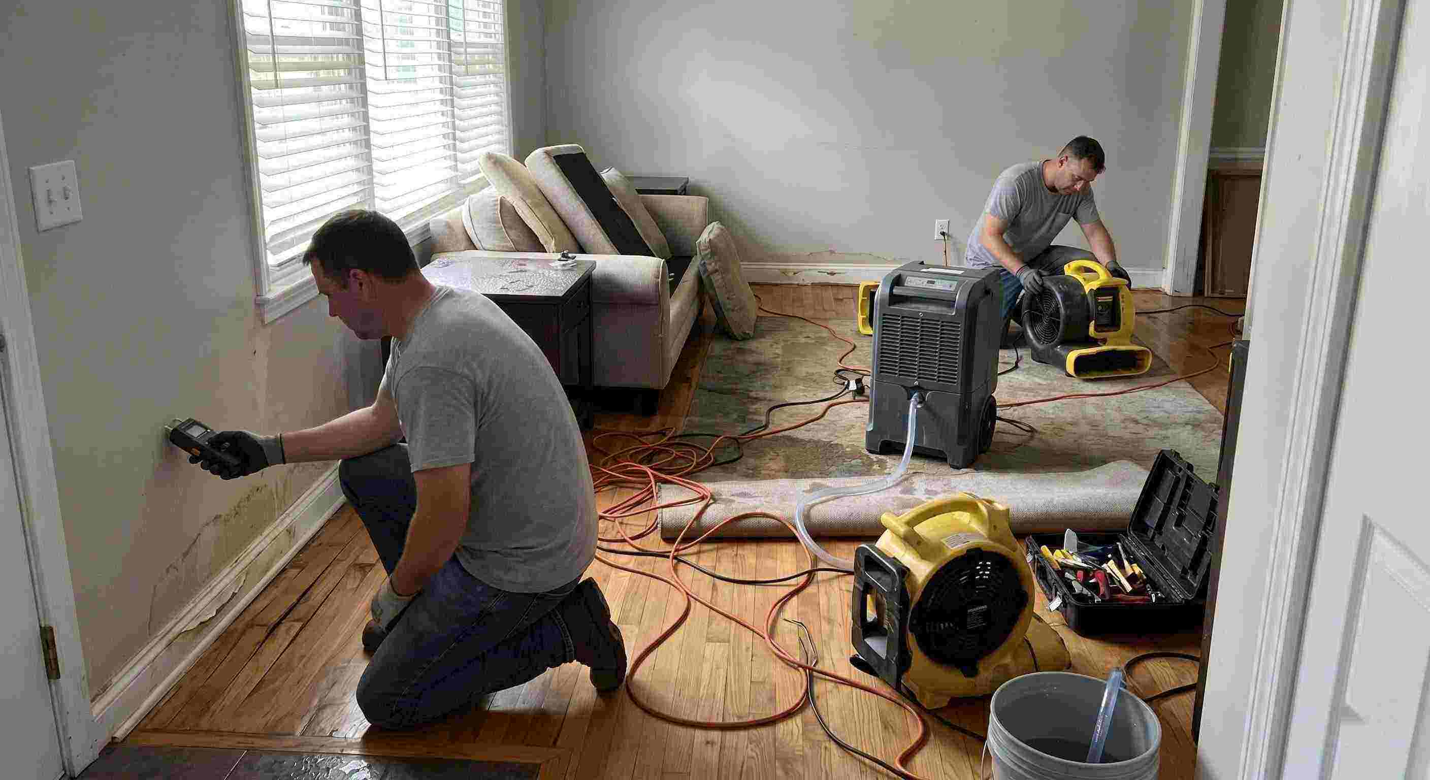 Professional structural drying and dehumidification equipment removing moisture inside a water damaged home in Boca Raton
