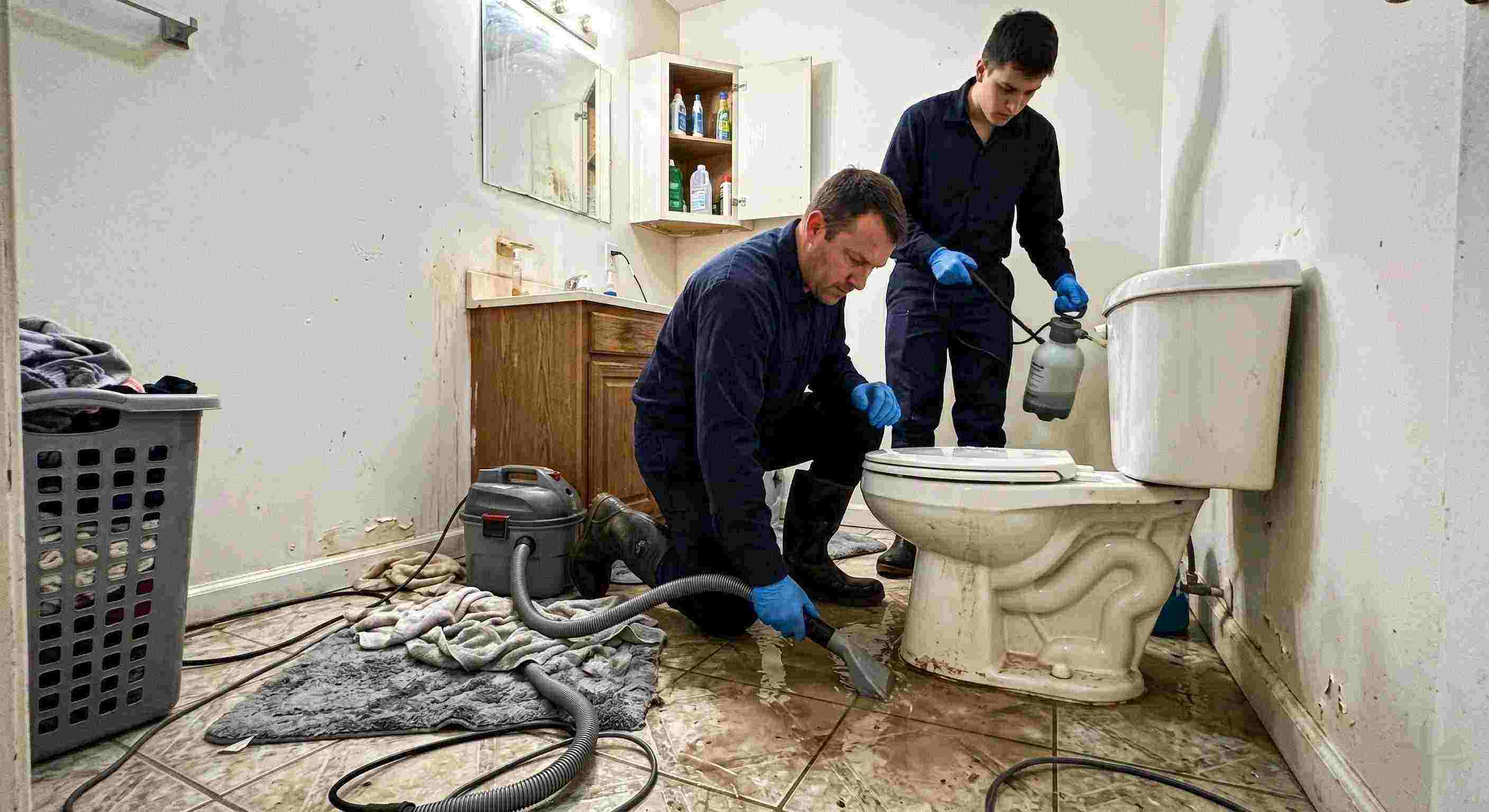 Trusted toilet overflow cleanup service in Boca Raton with technicians extracting contaminated water from bathroom floor