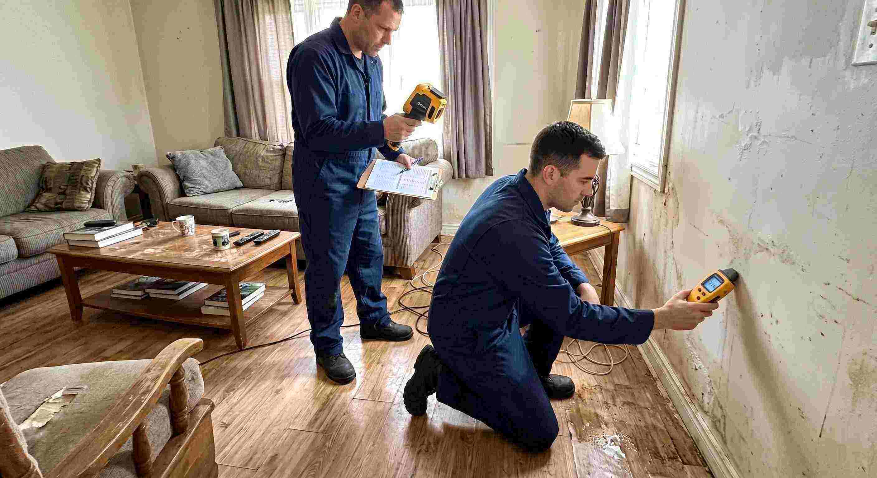 Fast water damage inspection technician using moisture meter and thermal imaging in Pembroke Pines home