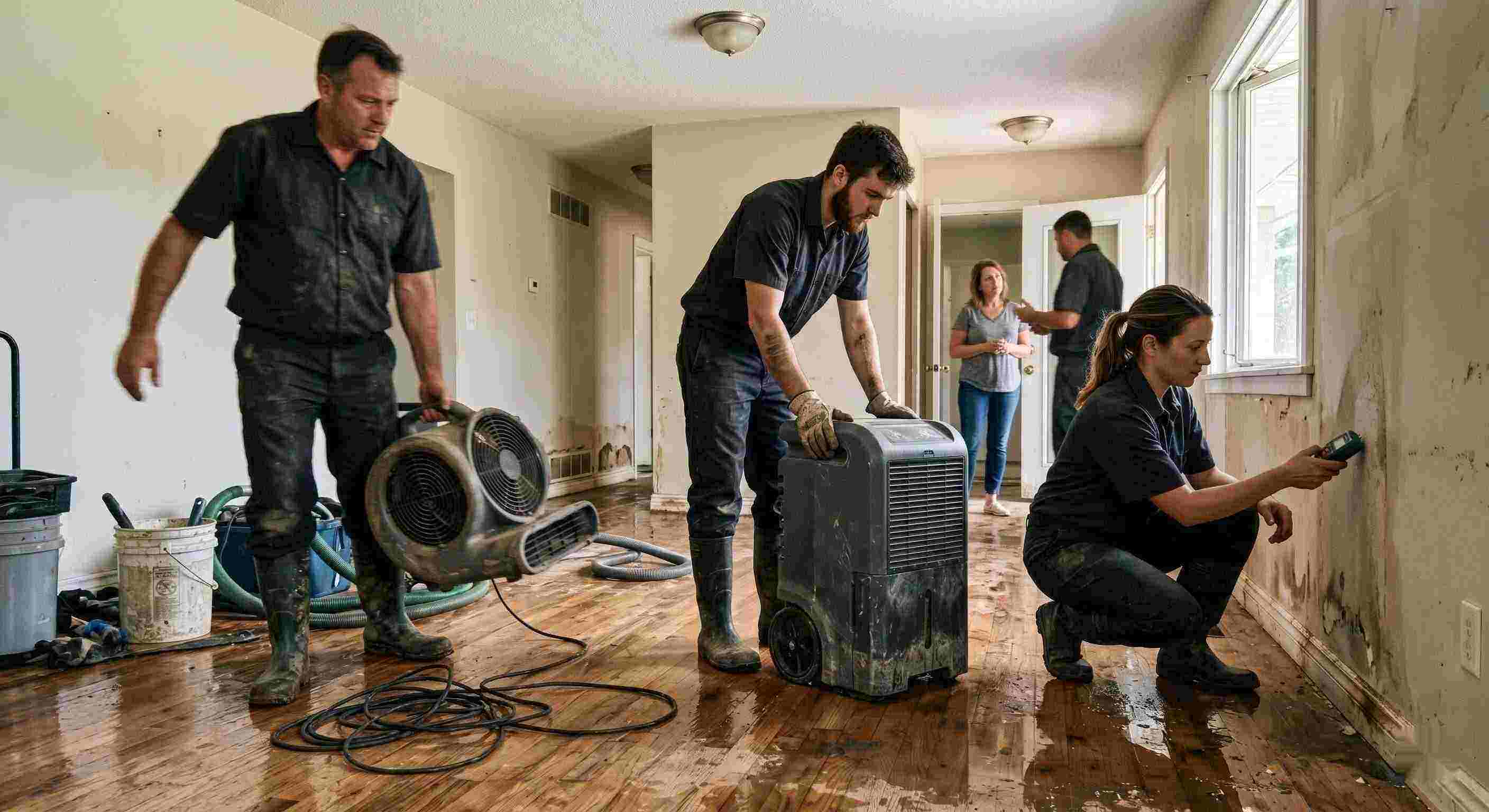 Professional trusted water damage restoration team in Pembroke Pines using professional equipment for drying and inspection