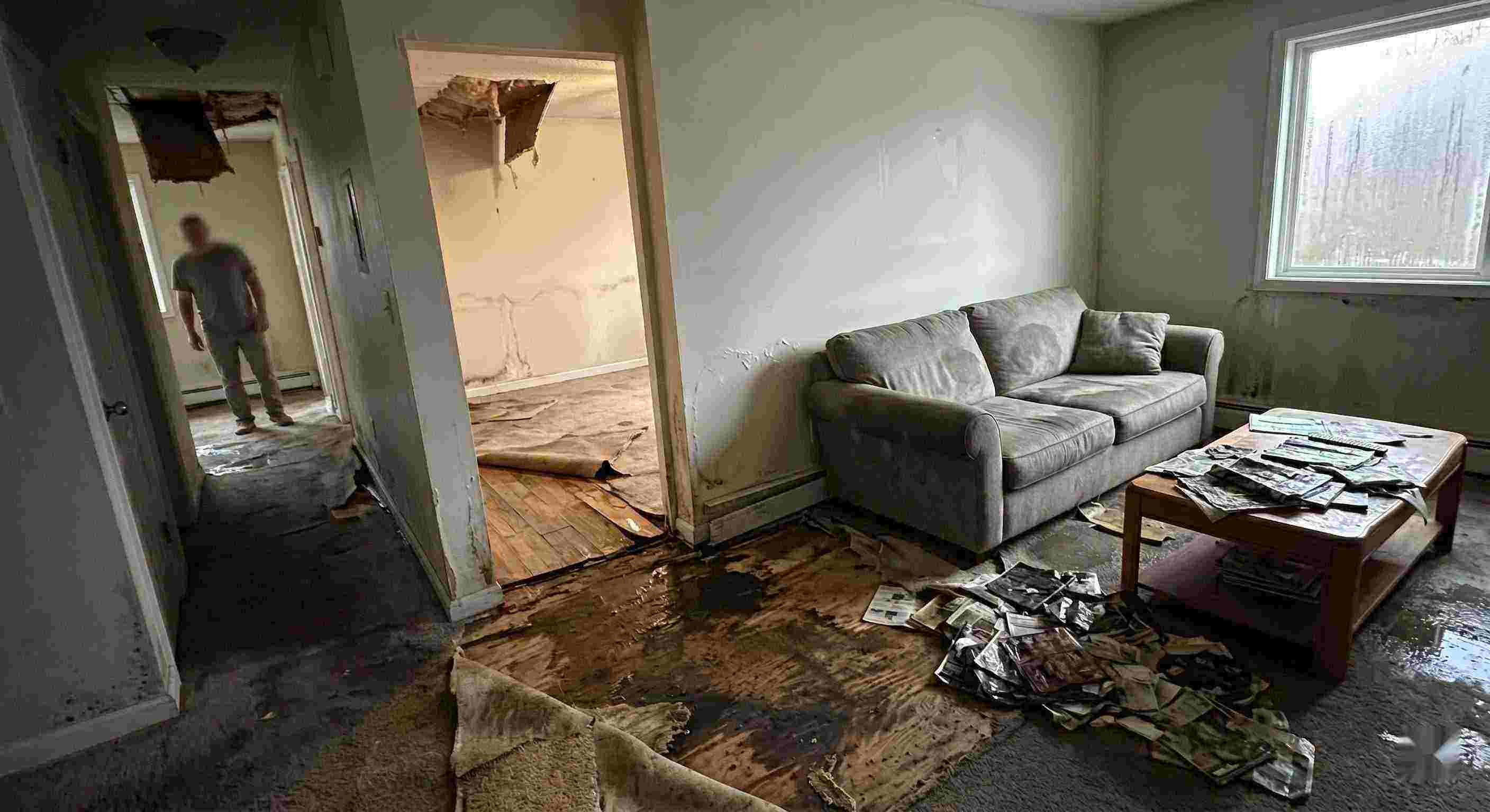 Expert severe indoor water damage in Pembroke Pines home with soaked floors, peeling walls, and structural deterioration