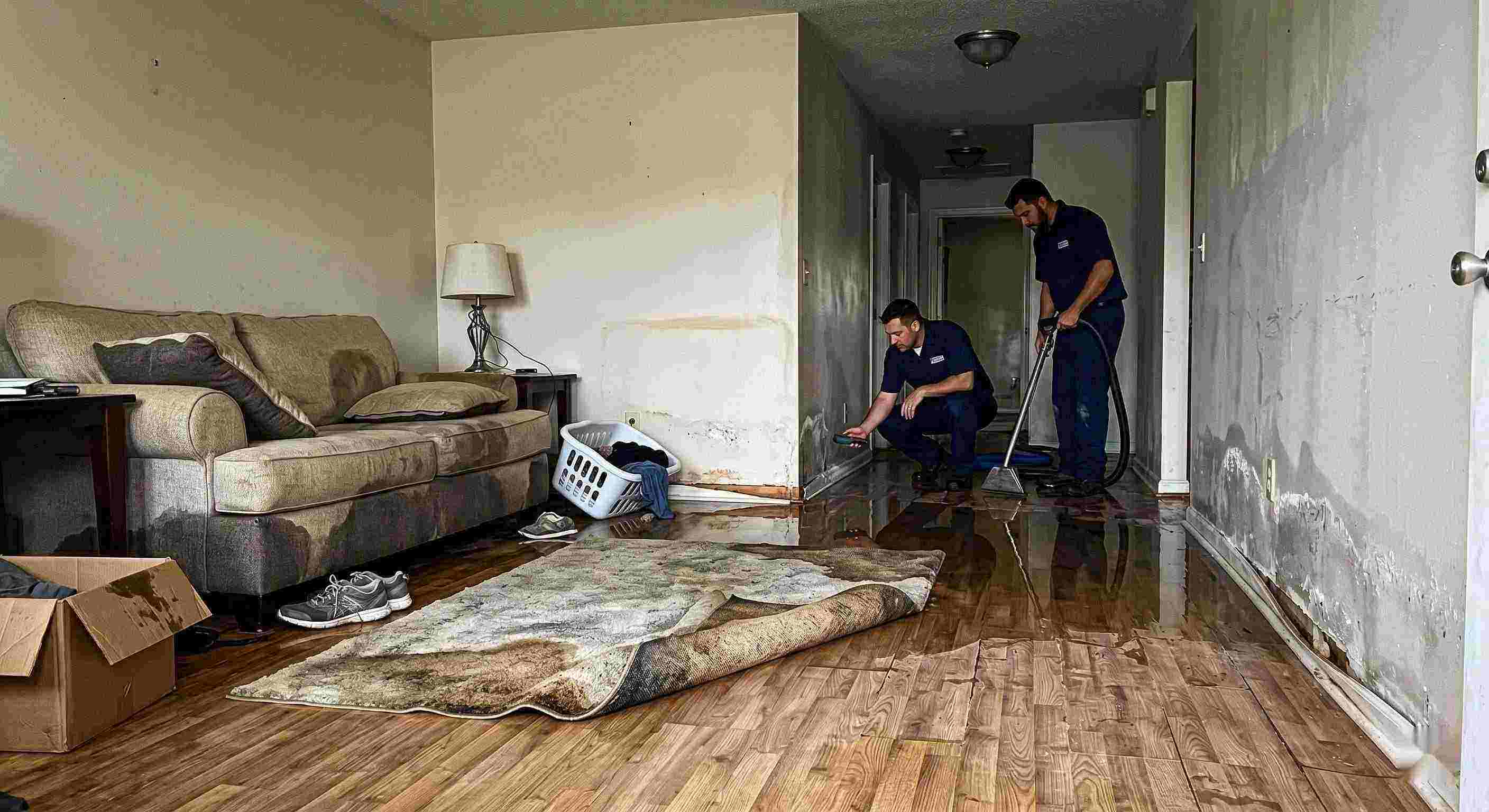 Reliable water damage spreading across floors and walls inside a home in Boca Raton showing soaked flooring and structural impact