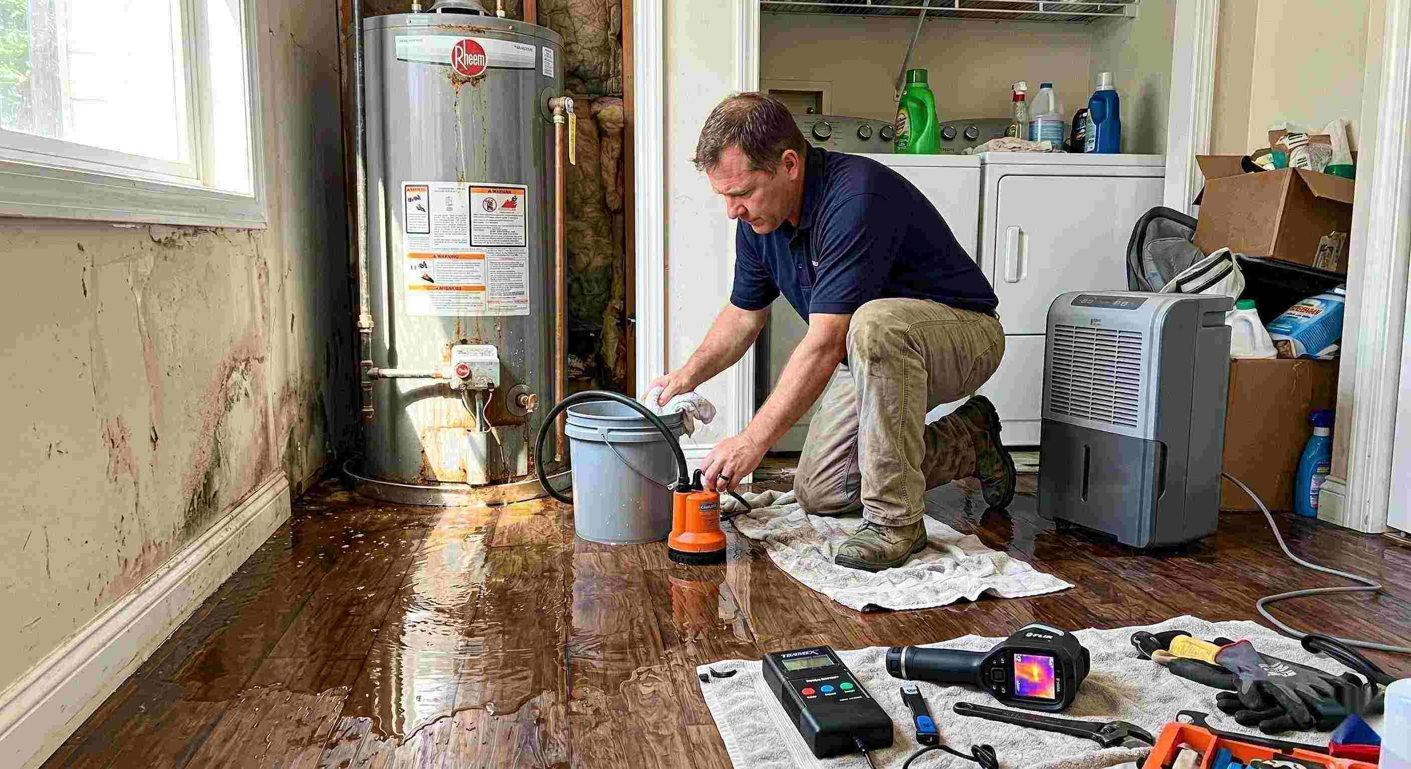 Technician performing water heater leak damage restoration in a home with water pooled on the floor and visible moisture damage in Fort Lauderdale