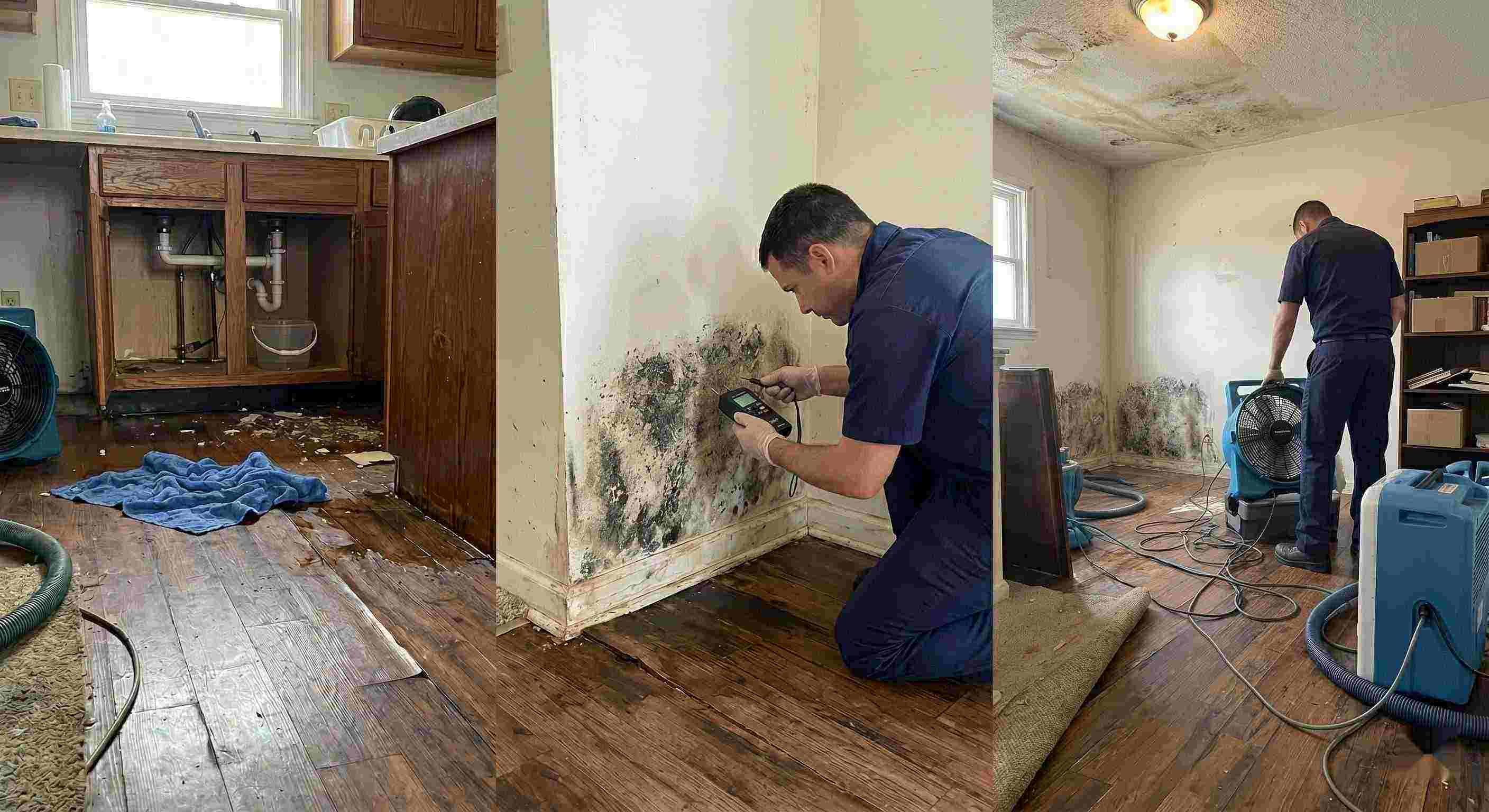 Realistic photo of water leak damage inside a home, showing pooled water, damp flooring, and technicians performing leak damage restoration in Fort Lauderdale.