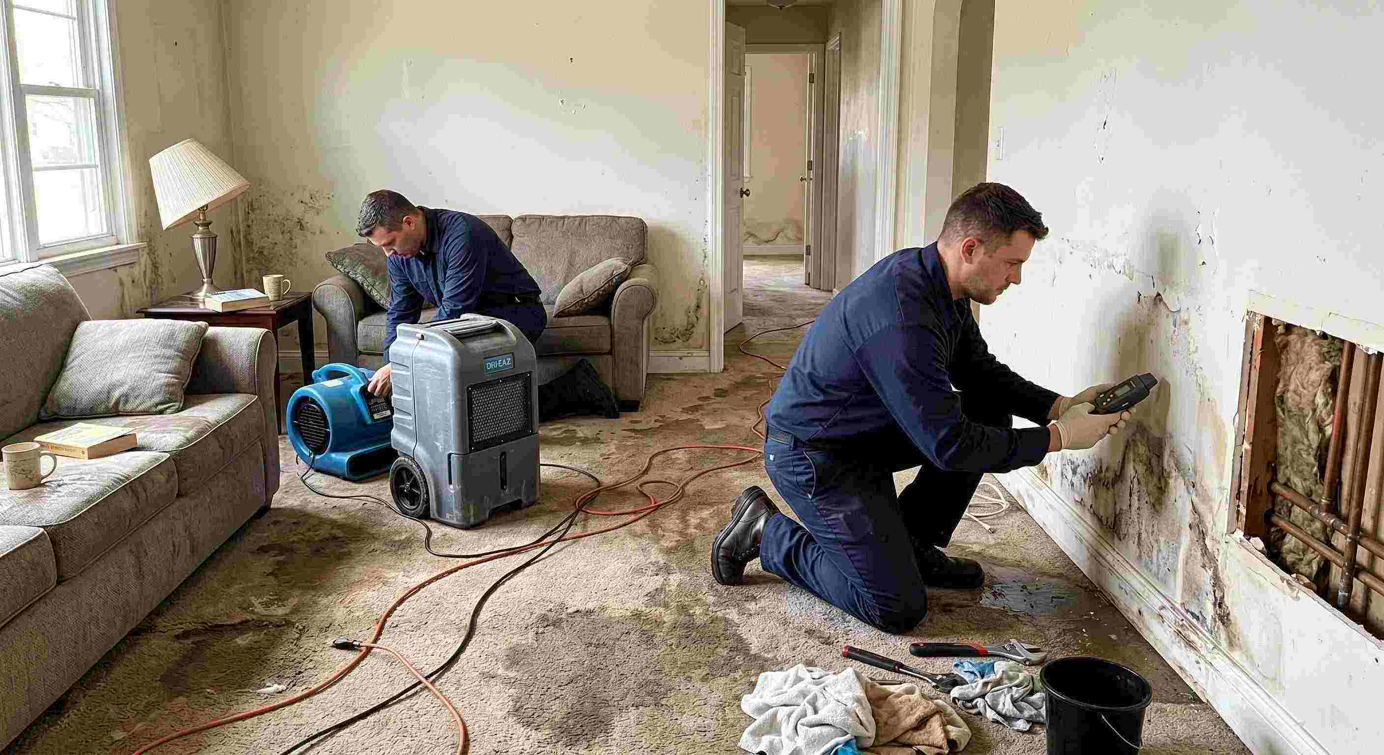 Realistic water leak damage repair scene in a residential home showing technicians locating and repairing a hidden pipe leak in Fort Lauderdale.