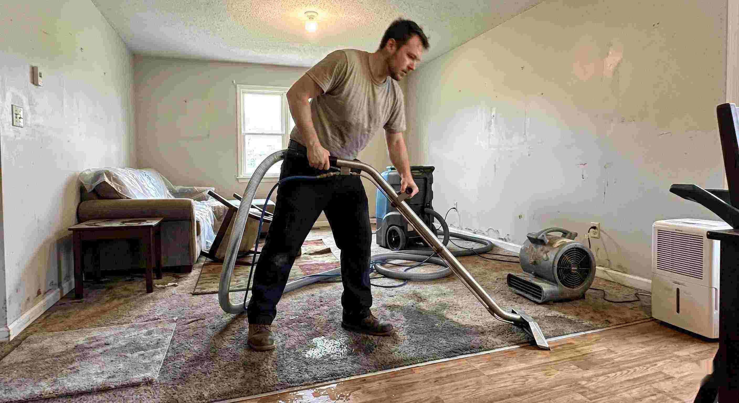 Fast water extraction technician removing water during restoration process in a residential home in Boca Raton