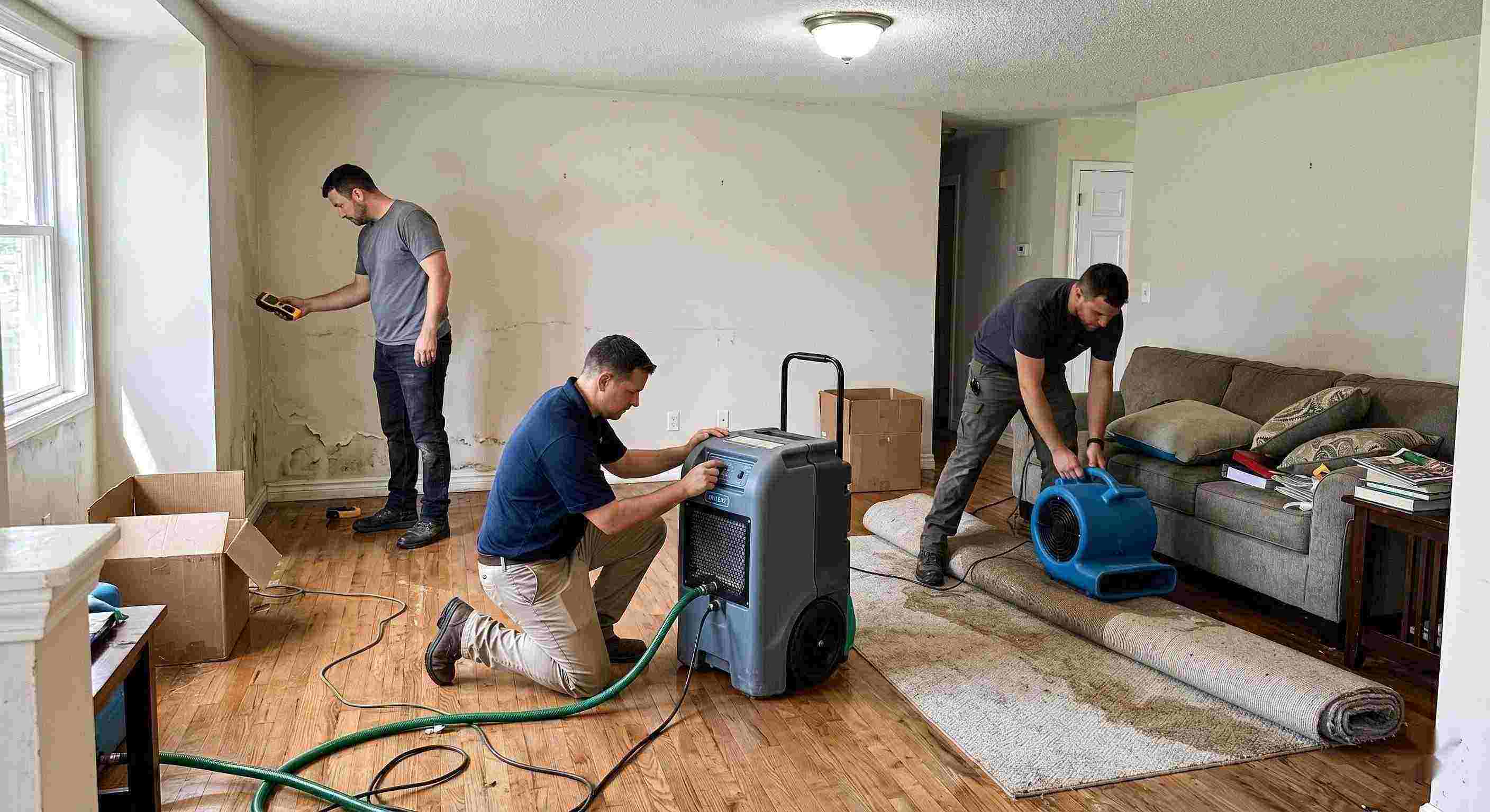Local flood restoration team working in a water-damaged home, showing equipment and hands-on cleanup process in Miramar