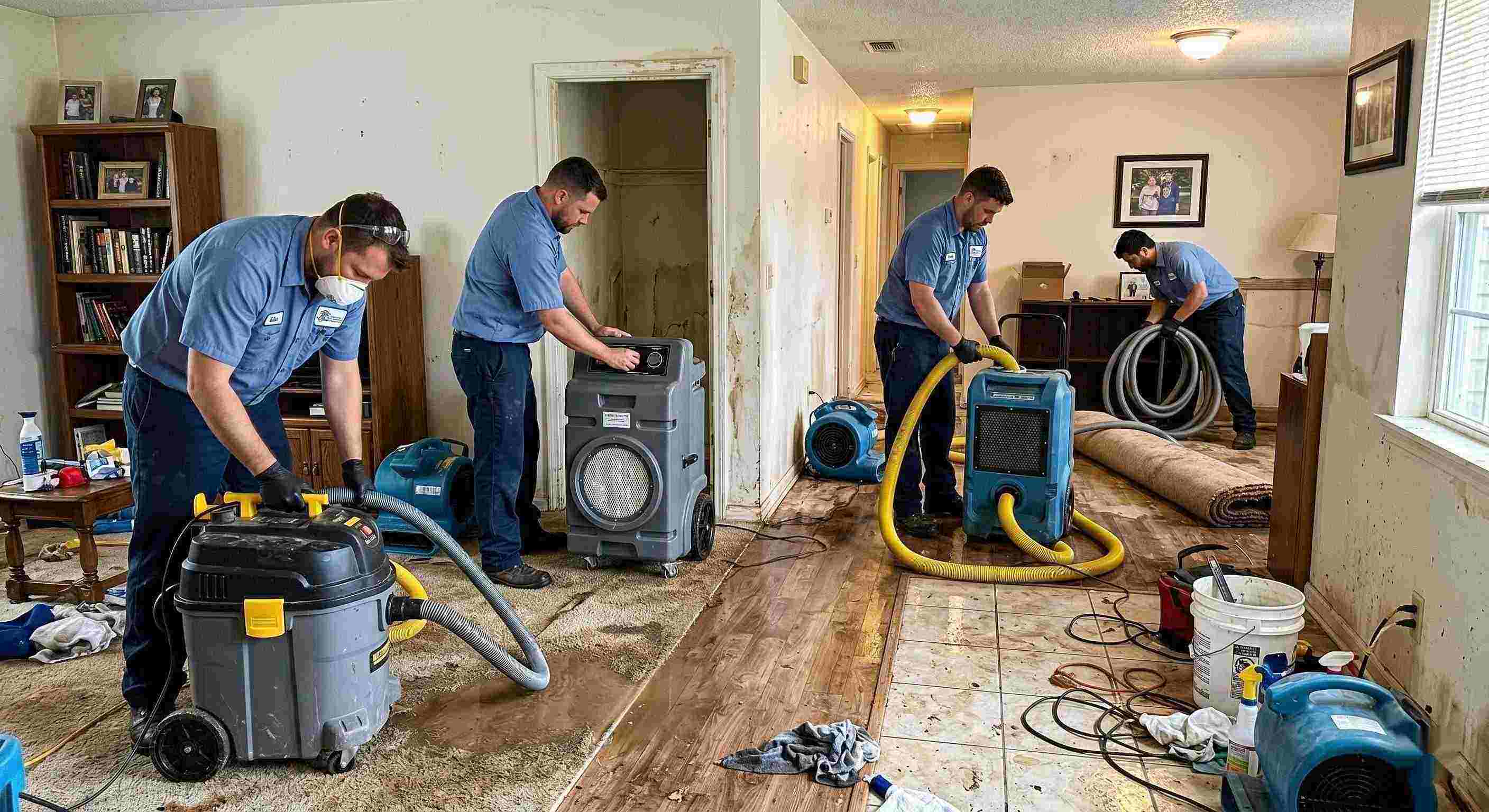 Trusted realistic photo of sewage backup cleanup team using professional equipment in a home interior, showing trust, teamwork, and proper restoration techniques in Boca Raton.